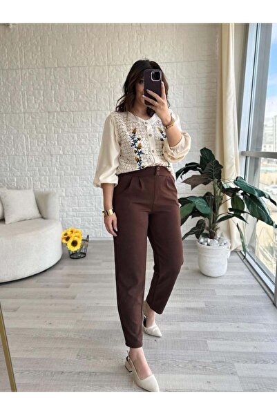 Club Floral Fashıon Kadın Çift Düğme Pileli Havuç Kalıp Full Likra Günlük Kahverengi Pantolon
