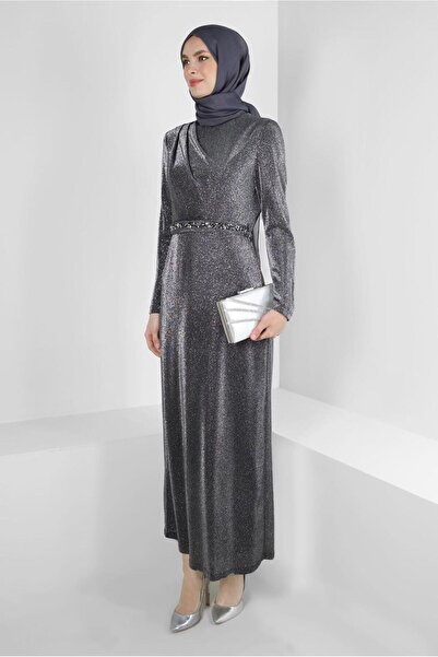 Alvina KOLU VE BELİ TAŞ BASKILI SİMLİ ABİYE ELBİSE 50325