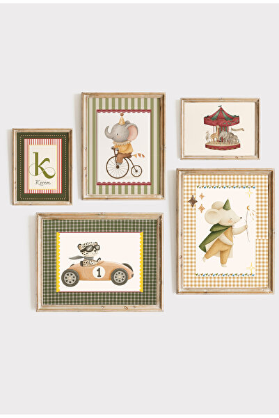Kids Sirk & Yarış Temalı 5’li Vintage Çerçeveli Poster Erkek Çocuk Odası