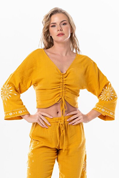 Eliş Şile Bezi Mustard Colored Muslin Summer Blouse - Long Sleeve and Gather Detail