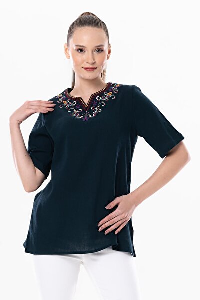 Eliş Şile Bezi Κοντό μανίκι Sile υφασμάτινο κέντημα ουράνιο τόξο Λεπτομερής καλοκαιρινή μπλούζα βενζίνη Ptrl