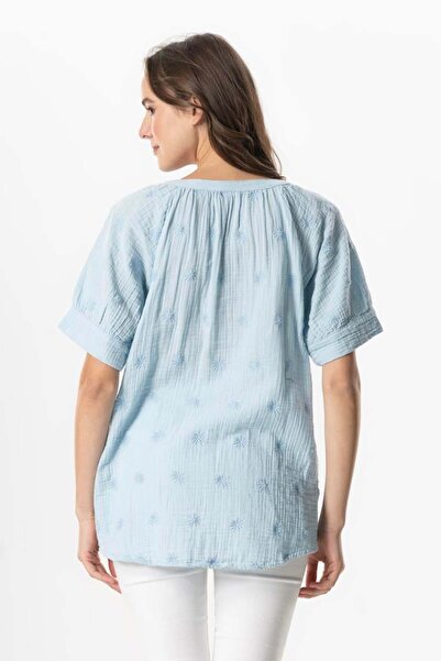 Eliş Şile Bezi Short Sleeve V-Neck Veículo Venus Buttoned Mobile Master Blue Blouse