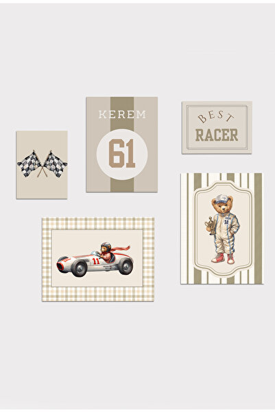 Kids Vintage Yarışcı Ayıcık temalı Çerçevesiz 5li Set