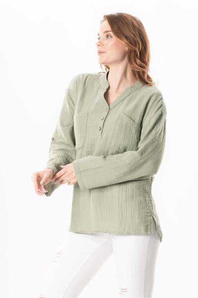 Eliş Şile Bezi Long Sleeve Asu - Summer Blue Blouse Olive Oil Green