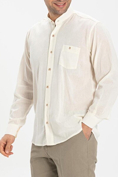 Eliş Şile Bezi Ανδρικό καλοκαιρινό πουκάμισο με μακρύ μανίκι Şile υφασμάτινο γιακά με μονή τσέπη κρέμα 3002