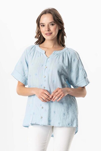 Eliş Şile Bezi Short Sleeve V-Neck Veículo Venus Buttoned Mobile Master Blue Blouse