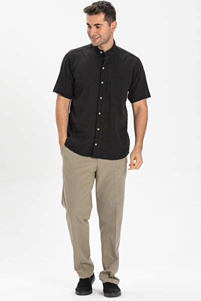 Eliş Şile Bezi Large Size Short Sleeve Sile Cloth Judge Collar Men's Shirt Black 3003