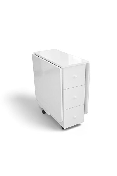 Ege Mobilya Katlanır Kırma Dolaplı Mutfak Masası Çekmeceli Balkon Masası Beyaz