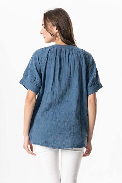 Eliş Şile Bezi Short Sleeve V-Neck Venus Buttoned Muslin Summer Blouse Indigo Indg