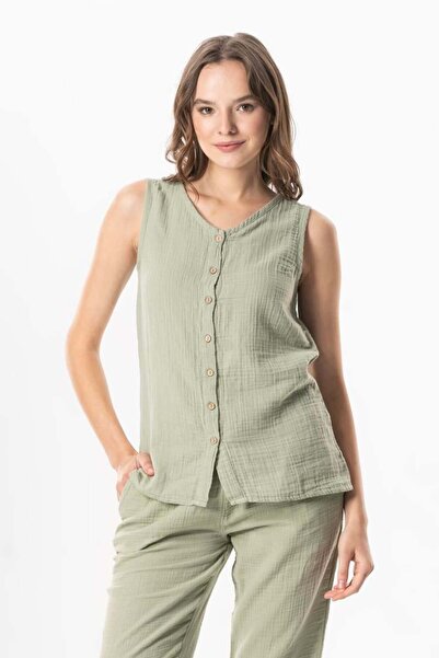 Eliş Şile Bezi Sleeveless Melis Summer Blouse Olive Green