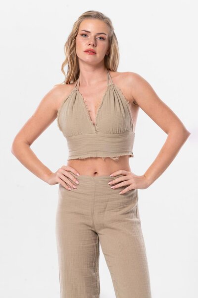 Eliş Şile Bezi Καλοκαιρινό Muslin Bustier Mink με Δέσιμο Göcek Vzn