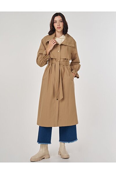 KYR Bilek Detaylı Uzun Trençkot Bej