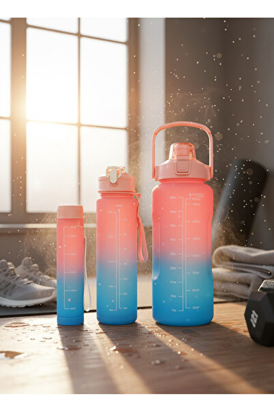 Saban Pink, Set of 3 - Flask Set with Stickers and Straws - 2000ml, 900ml, 300ml