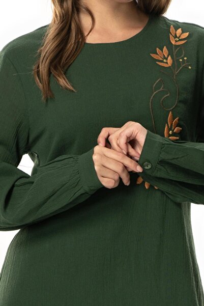 Eliş Şile Bezi Long Sleeve Sile Cloth Gülşah Crew Neck Embroidered Long Summer Dress Green Ysl