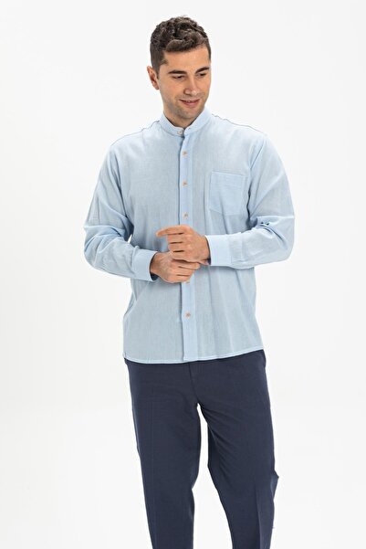 Eliş Şile Bezi Довгорукавна сорочка з шилевого полотна з коміром-стійкою та однією кишенею для чоловіків, літня, блакитна 3027