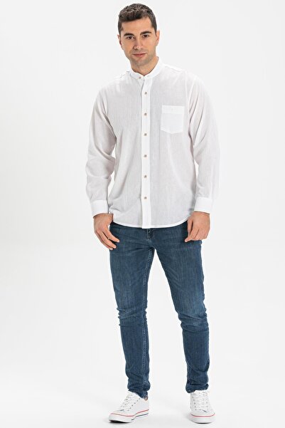 Eliş Şile Bezi Довгорукавна сорочка з коміром-стійкою та однією кишенею, чоловіча літня сорочка, біла 3001