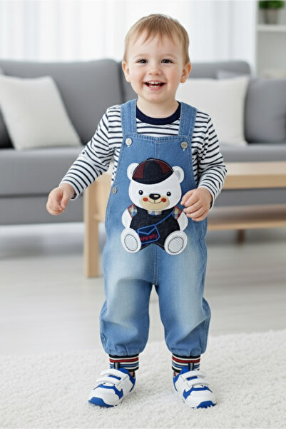 EYMİRGİYİM Denim Gardener with Teddy Bear Baby Boy Child 6 Months, 9 Months, 12 Months