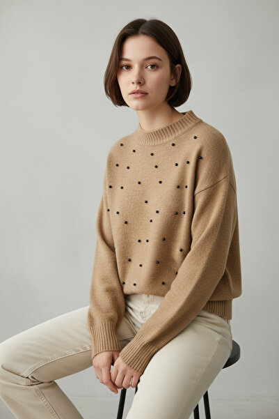 NEWCO Perle STONE Detaliat Tricotat Model de tricotaj casual Pulover Gâtul rotund Potrivire confortabilă Model șic de zi cu zi