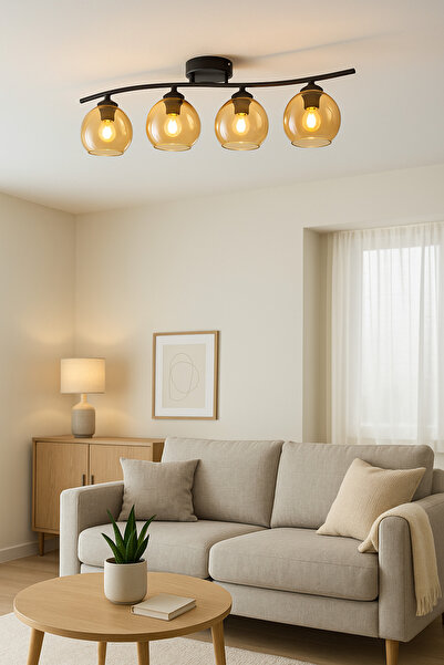 Modavize Maça Modern Tasarım - Salon Yatak Odası Mutfak Yemek Masası Siyah Renk Bal Camlı 4 lü Avize