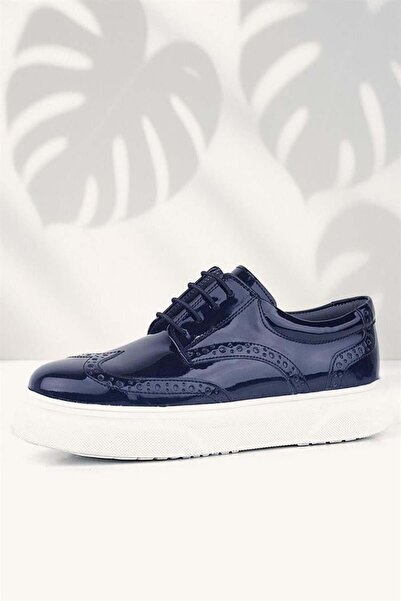 Rakerplus Navy Blue Patent Leather White Sole Oxford Children's Classic Shoe