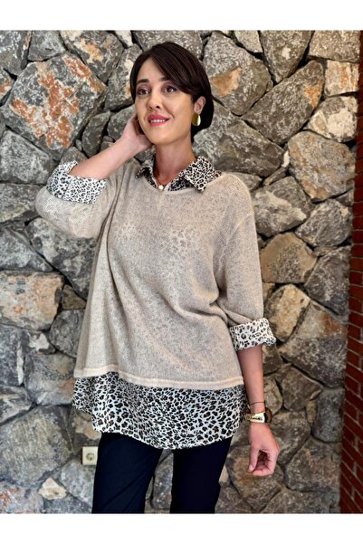 Punta Otantik NC516020 Κρέμα πουλόβερ με ανδρικό γιακά με ιταλικό σχέδιο λεοπάρ