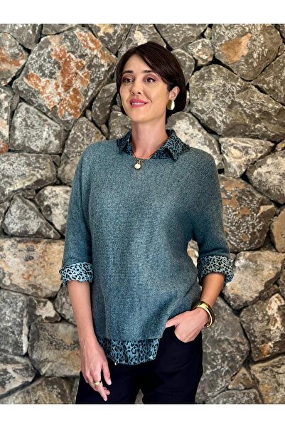 Punta Otantik Nc 516029   Italian Leopard Print Scarf Men's Lapel Sweater Petrol