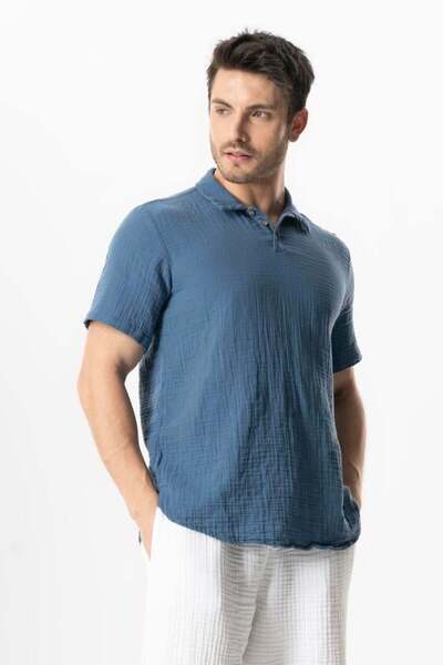 Eliş Şile Bezi Κοντομάνικο Polo Neck Muslin Καλοκαιρινό Tshirt Indigo indg