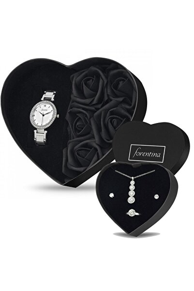 Forentina Siyah Güllü Kutuda Metal Kol Saati - Tria Takı Seti - Ps268800tr