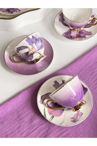 ROSSEV Türk Kahve Fincanı Orkide Çiçekli Yaldızlı 6 Kişilik 12 Parça