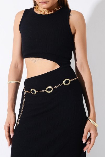PİNKMARK Pinkmark Women's - Gold Colored Black Jewelled Chain Belt Pmkm25642