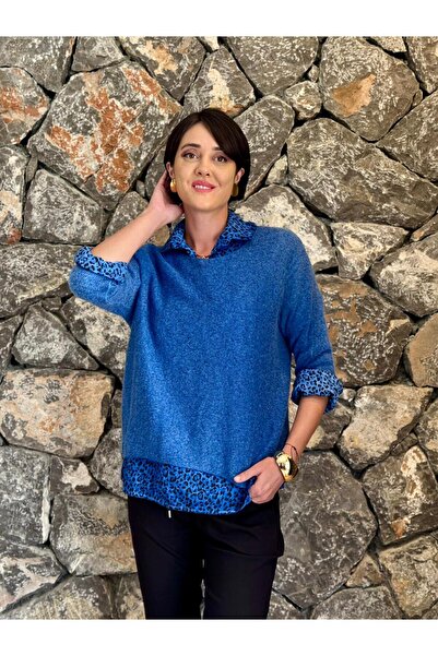 Punta Otantik NC516021 - Чоловічий комір Saks Кольоровий італійський светр з леопардовим візерунком