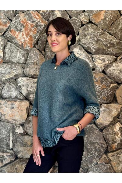 Punta Otantik Nc 516029   Italian Leopard Print Scarf Men's Lapel Sweater Petrol