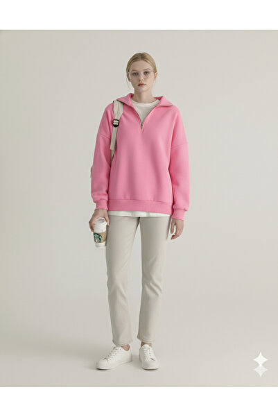 dwnwear Unisex Relax Fit Άνετο Φούτερ με ίσιο κόψιμο, βαμβακερό εσωτερικό, μισό φερμουάρ, ροζ φούτερ με όρθιο γιακά