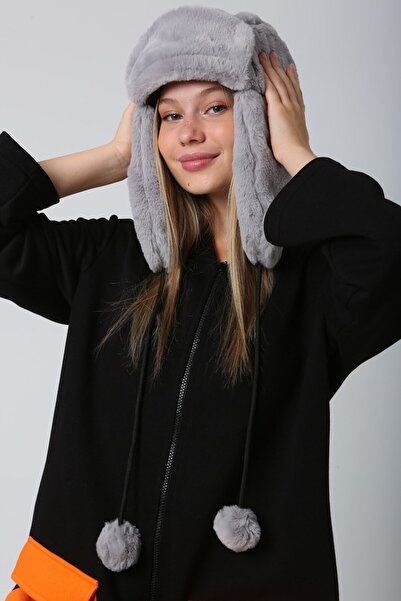MARBERRY Plush Gray Women's Hat - with Faux Fur and Headphones