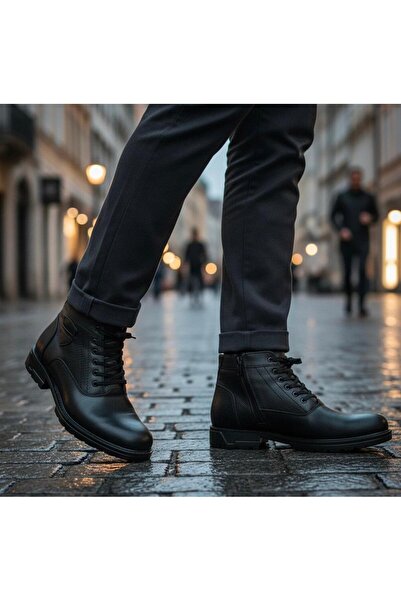 Budaks Ανδρικές μαύρες μπότες από γνήσιο δέρμα καθημερινά με κρύα ανθεκτική γούνα χειμερινή σόλα από καουτσούκ