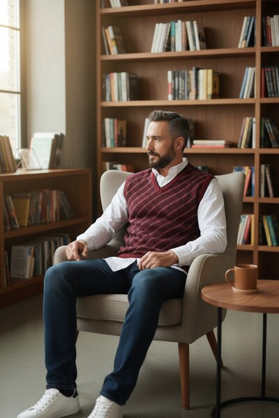 Kamalı Claret Red Men's Plaid Patterned Thick V-Neck Sweater - Non-Pilling Knitwear Knit Regular Fit