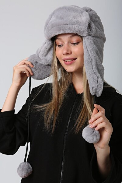 MARBERRY Plush Gray Women's Hat - with Faux Fur and Headphones