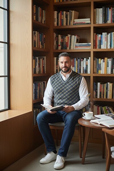 Kamalı Men's Gray Plaid Patterned Thick V-Neck Knitwear Sweater - Non-Pilling Regular Fit