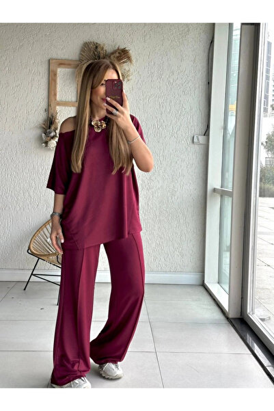 ARONA Mdb Women's One Shoulder Open Wide Cut Viscose Two Thread Blouse and Pants Two Piece Set