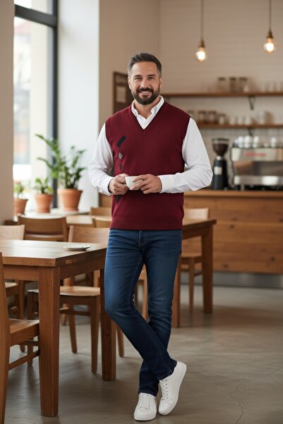 Kamalı Claret Red Men's Steel Knit Winter Thick Knitwear V-Neck Knitwear Knit Non-Pilling Jumpers