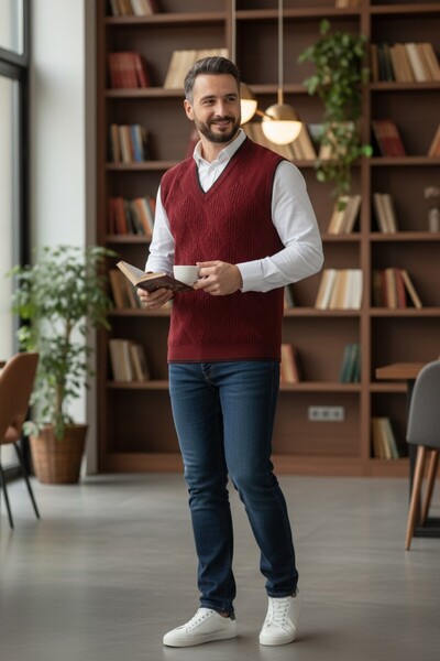 Kamalı Bordo Erkek V Yaka Triko Örgü Tüylenmez Süveter Regular Fit Saç Örgü Desenli