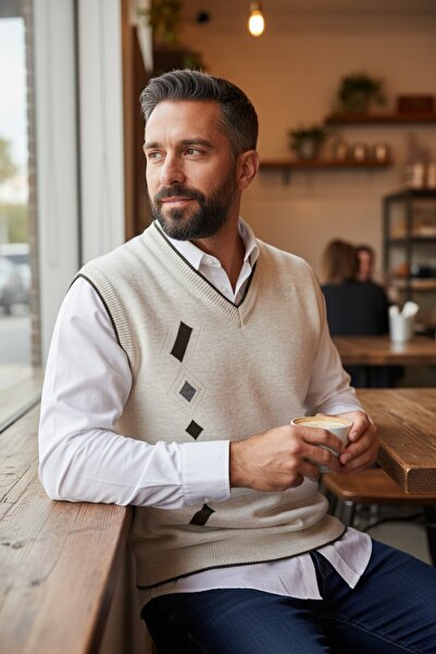 Kamalı Cream Men's Steel Knit Winter Thick Knitwear V-Neck Knitwear Knit Non-Pilling Jumpers