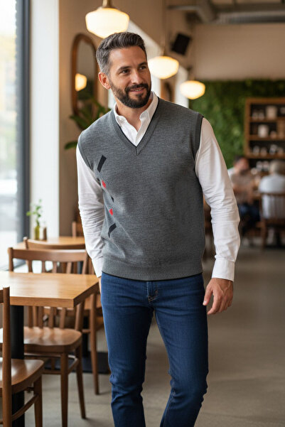 Kamalı Gray Men's Steel Knit Winter Thick Knitwear V-Neck Knitwear Knit Non-Pilling Jumpers