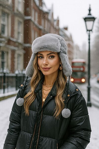 MARBERRY Plush Gray Women's Hat - with Faux Fur and Headphones