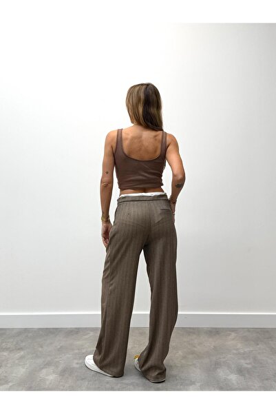 Maldia Shop Γυναικείο καφέ παντελόνι με διπλό λουράκι με φαρδύ πόδι με κορδόνια