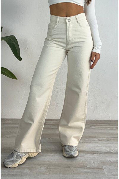 LudoWear Pantaloni din denim bej, stil palazzo, cu talie înaltă