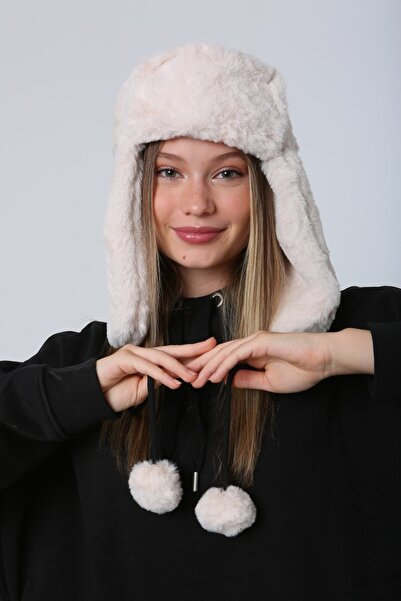 MARBERRY Beige Women's Hat - with Faux Fur and Headphones