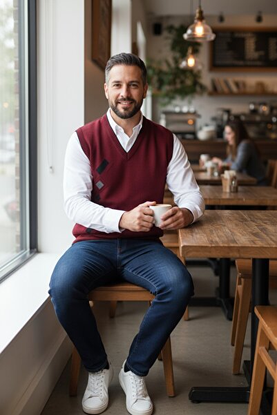 Kamalı Claret Red Men's Steel Knit Winter Thick Knitwear V-Neck Knitwear Knit Non-Pilling Jumpers