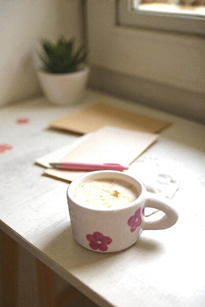 YUUGI CERAMIC Handmade Ceramic Mug Pink Flower Patterned Mug Cup 180 ml Mug Coffee Cup