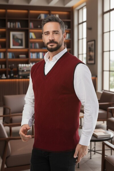 Kamalı Bordo Erkek V Yaka Triko Örgü Tüylenmez Süveter Regular Fit Saç Örgü Desenli